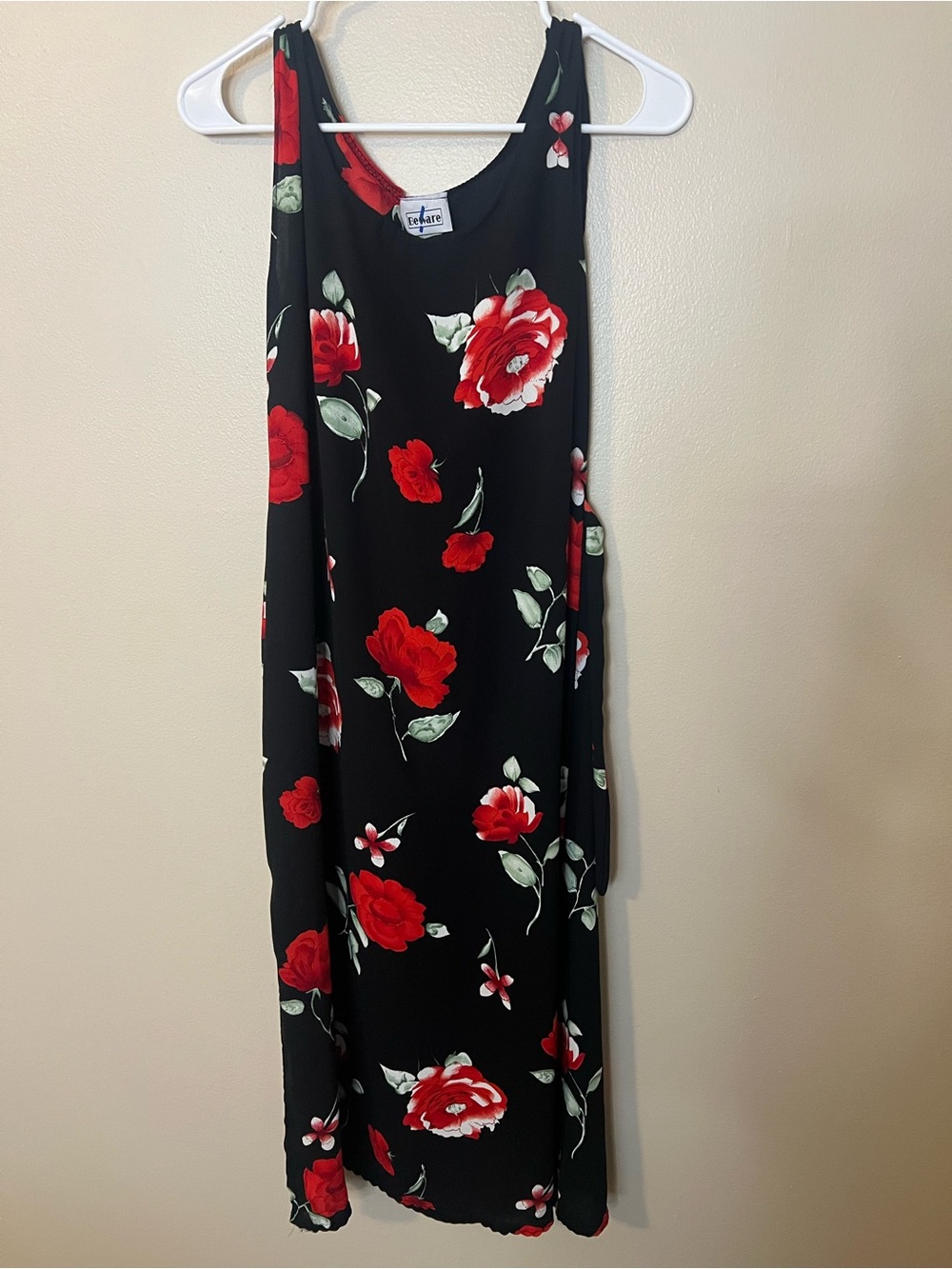 Beware Brand Sleeveless Black Maxi Dress With All Over Red Rose Floral Print